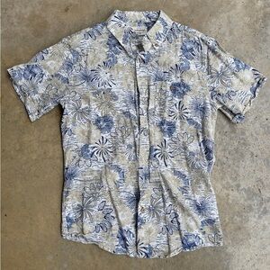 Weatherproof Mens Linen Shirt Blue White Floral Button Up Pocket NWOT